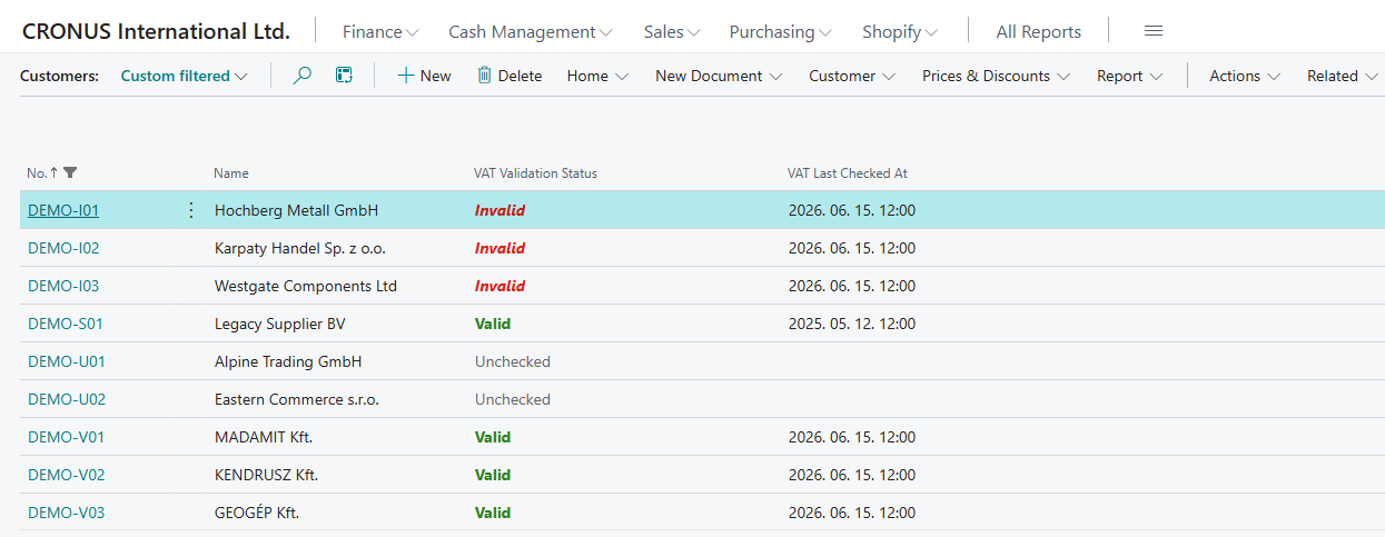 Bulk VAT validation results showing valid, invalid and unchecked customers